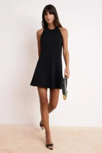 TRENDYOLMİLLA Black Waist Barbell Collar Sleeveless Mini Scuba Crepe Knitting Dress