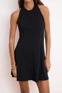 TRENDYOLMİLLA Black Waist Barbell Collar Sleeveless Mini Scuba Crepe Knitting Dress - Image 3