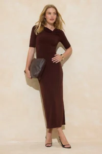 TRENDYOLMİLLA Brown A-Kesim/Life Form Asymmetric Yaka Short Sleeve Maxi Flexible Knitting Dress