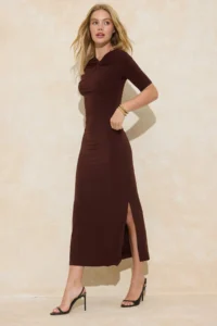TRENDYOLMİLLA Brown A-Kesim/Life Form Asymmetric Yaka Short Sleeve Maxi Flexible Knitting Dress - Image 2
