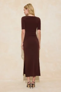 TRENDYOLMİLLA Brown A-Kesim/Life Form Asymmetric Yaka Short Sleeve Maxi Flexible Knitting Dress - Image 4