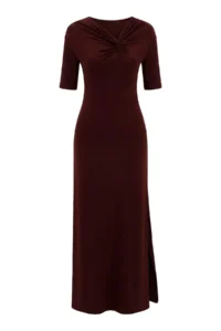 TRENDYOLMİLLA Brown A-Kesim/Life Form Asymmetric Yaka Short Sleeve Maxi Flexible Knitting Dress - Image 5