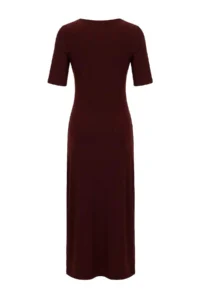TRENDYOLMİLLA Brown A-Kesim/Life Form Asymmetric Yaka Short Sleeve Maxi Flexible Knitting Dress - Image 6