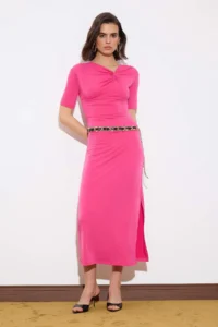 TRENDYOLMİLLA Limited Edition Fuchsia A-Kesim Asymmetric Yaka Drop Sleeve Maxi Flexible Knitting Dress