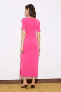 TRENDYOLMİLLA Limited Edition Fuchsia A-Kesim Asymmetric Yaka Drop Sleeve Maxi Flexible Knitting Dress - Image 5