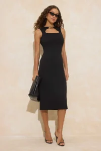 TRENDYOLMİLLA Black bodycon Cowl Neck Sleeveless Accessory Detailed Midi interlock Knitting Dress