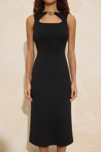 TRENDYOLMİLLA Black bodycon Cowl Neck Sleeveless Accessory Detailed Midi interlock Knitting Dress - Image 3