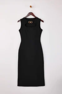 TRENDYOLMİLLA Black bodycon Cowl Neck Sleeveless Accessory Detailed Midi interlock Knitting Dress - Image 5