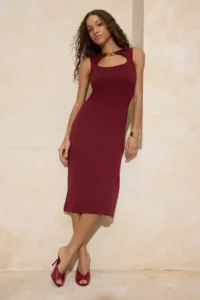 TRENDYOLMİLLA Burgundy bodycon Cowl Neck Sleeveless Accessory Detailed Midi interlock Knitting Dress