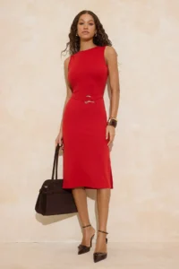 TRENDYOLMİLLA Rejection bodycon Sleeveless Accessory Detailed Midi interlock Knitting Dress