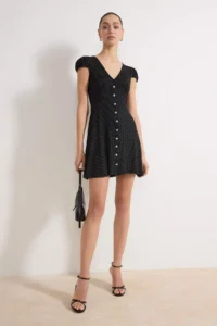 TRENDYOLMİLLA Black Polka Dot V-neck buttoned Mini Soft Knitting Dress