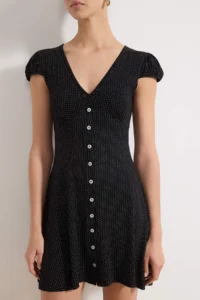 TRENDYOLMİLLA Black Polka Dot V-neck buttoned Mini Soft Knitting Dress - Image 3