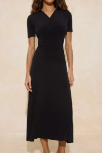 TRENDYOLMİLLA Black A-Kesim/Life Form Double breasted Yaka Short Sleeve Shirred Maxi Flexible Knitting Dress - Image 3