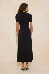 TRENDYOLMİLLA Black A-Kesim/Life Form Double breasted Yaka Short Sleeve Shirred Maxi Flexible Knitting Dress - Image 4