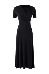 TRENDYOLMİLLA Black A-Kesim/Life Form Double breasted Yaka Short Sleeve Shirred Maxi Flexible Knitting Dress - Image 5