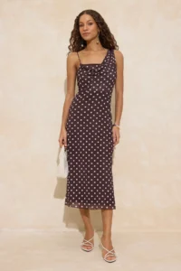 TRENDYOLMİLLA Brown Polka Dot bodycon Asymmetric Yaka Sleeveless Shirred Maxi Tulle Knitting Dress