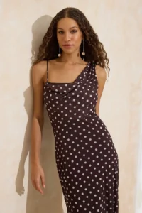 TRENDYOLMİLLA Brown Polka Dot bodycon Asymmetric Yaka Sleeveless Shirred Maxi Tulle Knitting Dress - Image 2