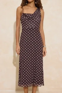 TRENDYOLMİLLA Brown Polka Dot bodycon Asymmetric Yaka Sleeveless Shirred Maxi Tulle Knitting Dress - Image 3