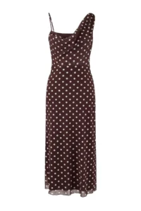 TRENDYOLMİLLA Brown Polka Dot bodycon Asymmetric Yaka Sleeveless Shirred Maxi Tulle Knitting Dress - Image 5