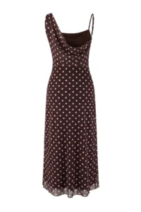 TRENDYOLMİLLA Brown Polka Dot bodycon Asymmetric Yaka Sleeveless Shirred Maxi Tulle Knitting Dress - Image 6