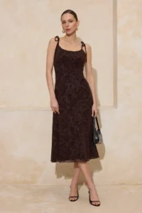 TRENDYOLMİLLA Brown Floral A-Kesim/Life Form Thin Sleeveless Sleeveless Shirred Midi Tulle Knitting Dress