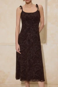 TRENDYOLMİLLA Brown Floral A-Kesim/Life Form Thin Sleeveless Sleeveless Shirred Midi Tulle Knitting Dress - Image 3