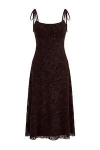 TRENDYOLMİLLA Brown Floral A-Kesim/Life Form Thin Sleeveless Sleeveless Shirred Midi Tulle Knitting Dress - Image 5