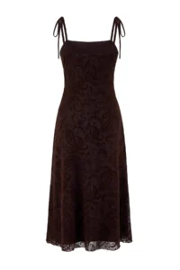 TRENDYOLMİLLA Brown Floral A-Kesim/Life Form Thin Sleeveless Sleeveless Shirred Midi Tulle Knitting Dress - Image 7
