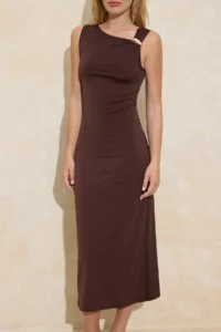 TRENDYOLMİLLA Dark Brown bodycon Asymmetric Yaka Accessory Detailed Maxi Flexible Knitting Dress - Image 3