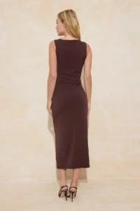 TRENDYOLMİLLA Dark Brown bodycon Asymmetric Yaka Accessory Detailed Maxi Flexible Knitting Dress - Image 4