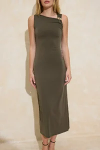 TRENDYOLMİLLA Khaki bodycon Asymmetric Yaka Sleeveless Accessory Detailed Maxi Flexible Knitting Dress - Image 3