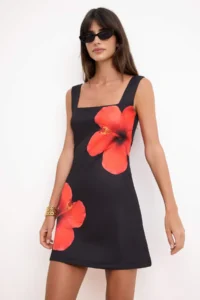 TRENDYOLMİLLA Black Printed Square Neck Sleeveless Mini Scuba Knitting Dress - Image 2