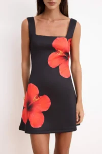 TRENDYOLMİLLA Black Printed Square Neck Sleeveless Mini Scuba Knitting Dress - Image 3