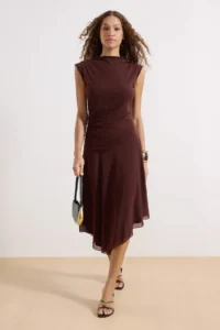 TRENDYOLMİLLA Brown Waist Open Boat Neck Sleeveless Shirred Maxi Tulle Knitting Dress