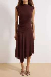 TRENDYOLMİLLA Brown Waist Open Boat Neck Sleeveless Shirred Maxi Tulle Knitting Dress - Image 3