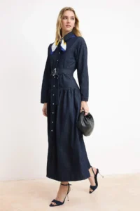 TRENDYOLMİLLA Dark Blue Draped Arched Maxi 100% Cotton denim Dress