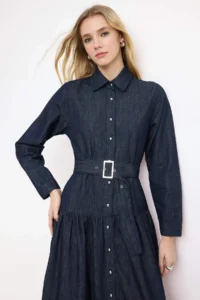 TRENDYOLMİLLA Dark Blue Draped Arched Maxi 100% Cotton denim Dress - Image 2