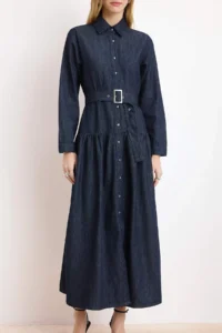 TRENDYOLMİLLA Dark Blue Draped Arched Maxi 100% Cotton denim Dress - Image 3