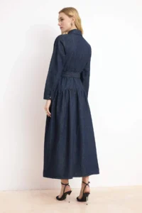 TRENDYOLMİLLA Dark Blue Draped Arched Maxi 100% Cotton denim Dress - Image 4