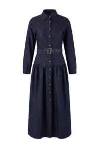 TRENDYOLMİLLA Dark Blue Draped Arched Maxi 100% Cotton denim Dress - Image 5