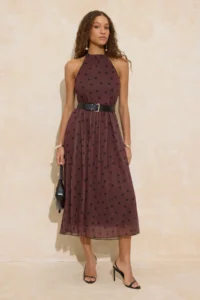 TRENDYOLMİLLA Brown Polka Dot Waist Barbell Neck Pleated Maxi Tulle Knitting Dress