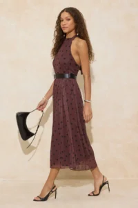 TRENDYOLMİLLA Brown Polka Dot Waist Barbell Neck Pleated Maxi Tulle Knitting Dress - Image 2