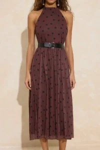 TRENDYOLMİLLA Brown Polka Dot Waist Barbell Neck Pleated Maxi Tulle Knitting Dress - Image 3