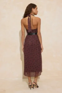 TRENDYOLMİLLA Brown Polka Dot Waist Barbell Neck Pleated Maxi Tulle Knitting Dress - Image 4