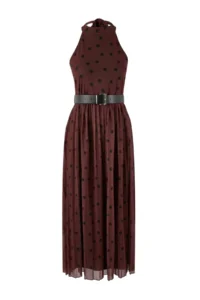 TRENDYOLMİLLA Brown Polka Dot Waist Barbell Neck Pleated Maxi Tulle Knitting Dress - Image 5