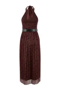TRENDYOLMİLLA Brown Polka Dot Waist Barbell Neck Pleated Maxi Tulle Knitting Dress - Image 6