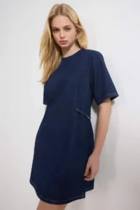 TRENDYOLMİLLA Mavi Draped Accessory Detailed Mini 100% Cotton Denim Dress - Image 2