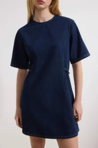 TRENDYOLMİLLA Mavi Draped Accessory Detailed Mini 100% Cotton Denim Dress - Image 3