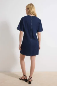 TRENDYOLMİLLA Mavi Draped Accessory Detailed Mini 100% Cotton Denim Dress - Image 4