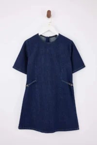 TRENDYOLMİLLA Mavi Draped Accessory Detailed Mini 100% Cotton Denim Dress - Image 5